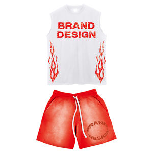 Men's Two-Piece Knitted Cotton Acid Wash Short Set Sleeveless Men's T-Shirt Raw Edge Sweat Shorts for Summer Formal 3D Pattern - Product Image 4