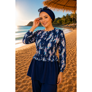 Conjunto de Traje de Baño de Tres Piezas para Mujer, Top Estampado Negro y Morado, Cintura con Volantes, Detalle de Cremallera, Pantalones Elásticos Estilo Burkini, Varias Tallas - Product Image 2