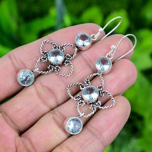 Boucles d'oreilles en topaze bleue unie faites à la main en argent Sterling 925 pour femmes Design de goutte à la mode avec fonction de balancent bijoux de Spinner de pierres précieuses - Product Image 3