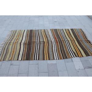 Turkish Rug, 4.1x8.4 ft Area Rug, <b>Brown</b> Striped <b>Wool</b> Vintage Rug - Product Image 4