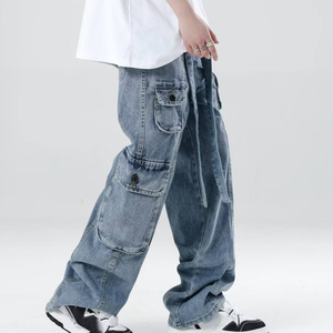 กางเกงยีนส์ขาตรงหลายกระเป๋าสำหรับผู้ชาย, กางเกงยีนส์สไตล์สตรีทย้อนยุคดีไซน์ฮิปฮอปขนาดใหญ่พิเศษตามสั่ง - Product Image 6