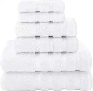Ensembles de serviettes blanches 6 pièces 2 serviettes de bain 2 essuie-mains 2 débarbouillettes 100% coton doux filé à l'anneau pour salle de bain absorbant très doux