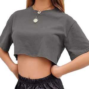 Camisetas de gran tamaño recortadas de algodón personalizadas para mujer, ropa de calle de alta calidad deportiva para gimnasio, camisetas cortas grises con serigrafía informal - Product Image 2