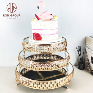 Plateau de présentation en métal pour gâteaux d'anniversaire et de mariage, plateau rond doré à 3 étages, ensemble de supports à gâteaux, plateau miroir - Product Image 2
