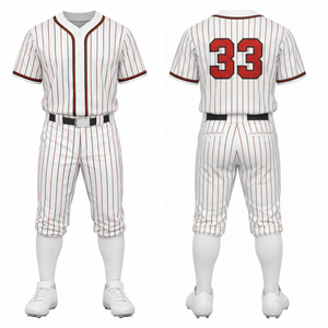 Conjunto de Uniforme de Béisbol en Oferta |   Jersey y Pantalones Sublimados con Rayas Blancas y Rojas y Botones Completos - Product Image 1