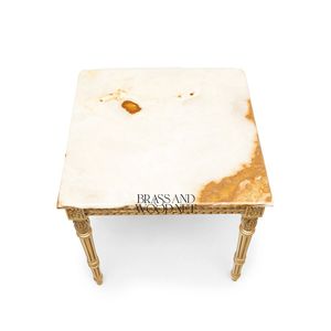โต๊ะข้างทรงสี่เหลี่ยมหรูหราพร้อมท็อปหินอ่อนสีขาวธรรมชาติและขาไม้ลายลูกฟูกประดับทองคำเปลวสำหรับตกแต่งสไตล์พระราชวังคลาสสิก - Product Image 3