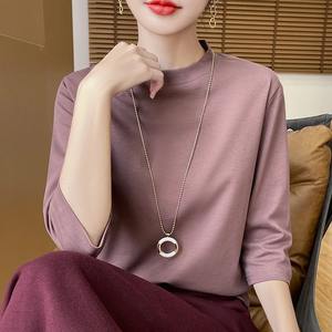 Été Automne Nouveau T-shirt en coton à manches courtes T-shirt à col semi-haut pour femmes Chemise à manches amples avec haut à l'intérieur - Product Image 4