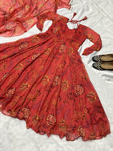 Ensemble de robe longue indienne Readymade et Dupatta, tissu en mousseline de soie avec impression numérique, tenue de fête à coutures complètes pour femmes et filles - Product Image 6