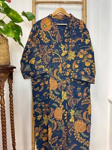 Robe de bain d'été en coton gaufré, imprimé à la main, kimono floral pour la plage, printemps, moutarde, unisexe - Product Image 4