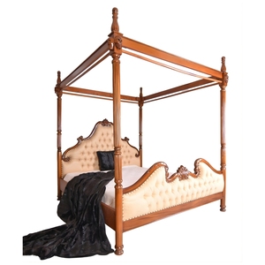 Cama con Dosel Tapizada en Cuero Genuino y Madera de Caoba Maciza de Lujo, Diseño Clásico Hecho a Mano, para Hotel, Villa o Dormitorio Residencial - Product Image 2