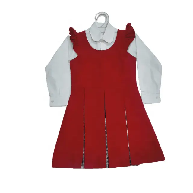 Wholesale School Uniform For Girls Jumper Custom Logo White Shirt and Red Pinafore Kids Dress