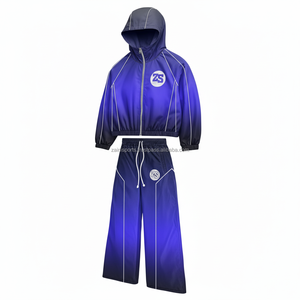 plus size Premium Nylon Polyester Windbreaker Set Gradient Blue With <b>White</b> Panel Lines Custom Logo Transfer Windbreaker Set - Product Image 3