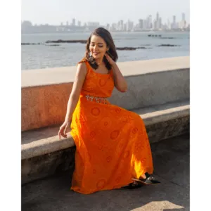 Vestido Bandhej Naranja Poppy con Elegantes Cierres Decorativos, Diamantes y Cinturón Drapeado para Mujer Casual de Oficina, Talla XS - Product Image 2