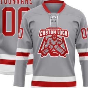 OEM Custom Manufacture Wholesale Custom Gray <b>Red</b>-<b>White</b> High Quality Hockey Lace Neck Jersey <b>Stripe</b> Wear Ice Hockey Jersey - Product Image 6