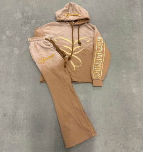 Sweat à capuche et pantalon de jogging évasé avec logo brodé personnalisé, effet délavé, impression délavée au soleil, style hip-hop pour l'automne - Product Image 2