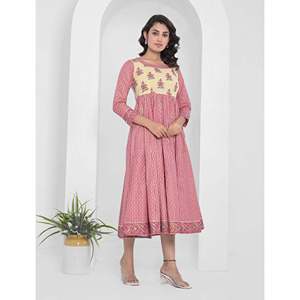 Pink Block Printed Long Cotton Anarkali Dress with Breathable Long Sleeves - Product Image 5