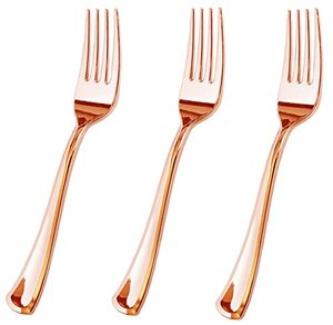 Fourchettes en plastique or rose en gros, couverts jetables robustes or rose pour fêtes, mariages et événements - Product Image 1