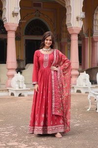 El último vestido Anarkali de trabajo de secuencia de bordado de seda Chinon de diseñador por FabZone - Product Image 4