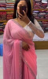 Phong cách hợp thời trang nặng ưa thích <span class=keywords><strong>georgette</strong></span> vải trên tất cả siroski làm việc Sari mới nhất độc quyền Saree đám cưới cô dâu dân tộc tuyệt đẹp - Product Image 4