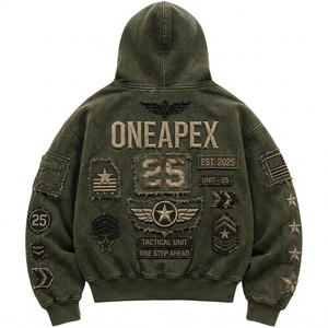Olive Green Washed <b>Zip</b> <b>Up</b> <b>Hoodie</b> Oversized Streetwear <b>Graphic</b> Fleece Sweatshirt Distressed Casual Unisex Fashion Jacket - Product Image 4