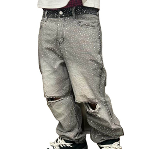 กางเกงยีนส์ทรงหลวมสำหรับผู้ชายกางเกงยีนส์ขายาวประดับพลอยเทียมแบบลำลองสำหรับผู้ชาย - Product Image 4