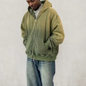 เสื้อมีฮู้ดแบบมีซิปของผู้ชายผ้าฝ้าย80% ขนาดใหญ่พิเศษสไตล์ย้อนยุคทรงแบ็กกี้แอซิดซีดจางมีซิปรูด - Product Image 5