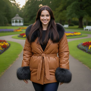 Veste en cuir matelassée fine coupe-vent à carreaux pour femmes avec fermeture éclair et col en fourrure de renard noir Vêtements d'extérieur d'hiver - Product Image 1