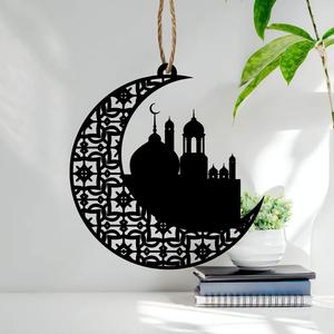 Silhouette de mosquée en forme de croissant de lune suspendue, art mural islamique, décoration de la maison pour le Ramadan, unique - Product Image 1