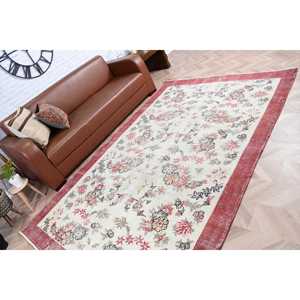 Vintage Turkish Rug, 5.7x8.9 ft Large Rug, <b>Red</b> White Abstract <b>Wool</b> Rug - Product Image 4