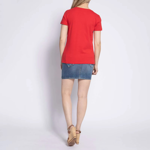 Gran oferta, venta al por mayor, camisetas de poliéster y algodón de alta moda para mujer, camiseta de marca personalizada para mujer, cuello redondo, Color rojo - Product Image 2