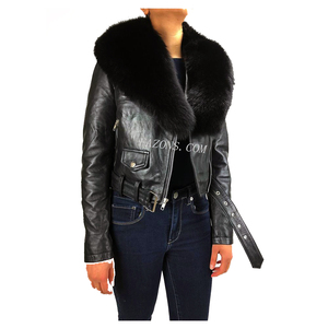 Chaqueta informal de cuero genuino para motocicleta para mujer con cuello de piel de oveja FOX patrón sólido de piel extraíble estilo motorista OEM disponible - Product Image 6