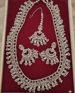 Ensemble de bijoux de mariage ethnique traditionnel de luxe en or plaqué antique avec zircon, fabriqué en Inde, collier et boucles d'oreilles pour femmes - Product Image 1