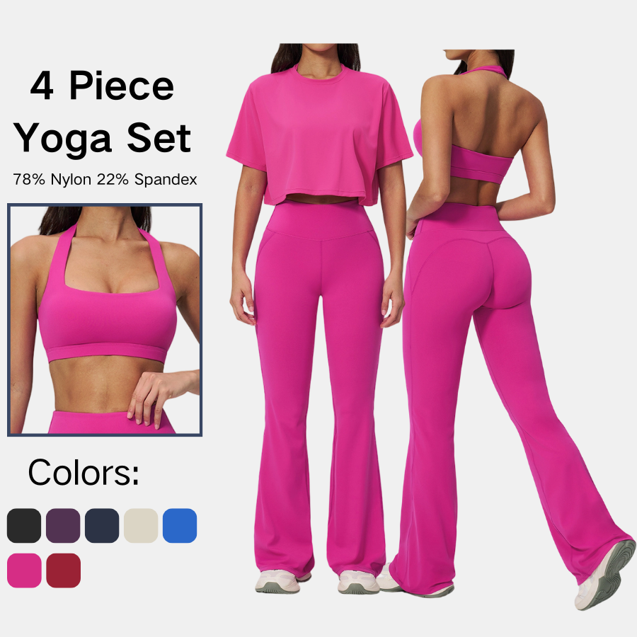 Womens Four Piece Yoga Set Halter Sports Bra Cross Back Crop Top Flare Leggings Gym Workout Fitness Activewear Outfit