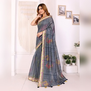 ผ้าชันเดรีพิมพ์ลายดอกไม้สีเทา ขายดีที่สุด เหมาะสำหรับงานปาร์ตี้ ชุดเจ้าสาวแฟนซีสำหรับผู้หญิงอินเดีย พร้อมเสื้อท่อนบนแบบยังไม่เย็บติด - Product Image 4