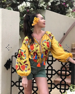 Blusa de oficina de verano para mujer, venta al por mayor de algodón bordado ucraniano, cuello en V, manga larga, tela de punto transpirable - Product Image 3