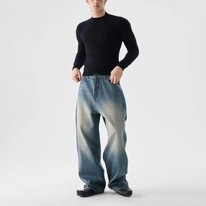 Jeans en denim pour homme, taille haute, coupe large et droite, délavé, style vintage classique bleu, style hip-hop streetwear, sur mesure, grandes tailles - Product Image 4