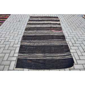 Tapis Kilim Turc Patchwork 4x8,4 pieds en Laine Noire Écologique avec Dos en Latex – Décoration Vintage pour la Maison - Product Image 1