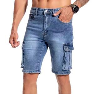 Pantalones Cortos Cargo de Mezclilla Lavada Azul Claro para Hombre, Cintura Media, Múltiples Bolsillos, Casuales, Elásticos, Estilo Bermuda, Ropa Urbana de Verano - Product Image 1