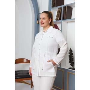 Veste en lin mélangé blanc grande taille RMG avec ceinture ajustable, vêtement d'extérieur confortable et élégant pour femmes - Product Image 2