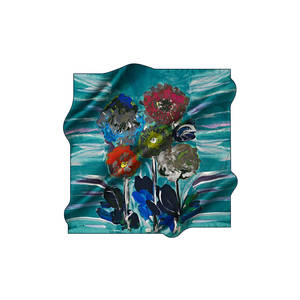 Écharpe carrée florale vintage de créateur en crêpe de soie turquoise - Product Image 1