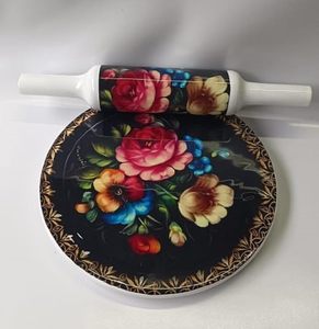 Premium Brown Printed Florals Chakla Belan Set Wooden Belan | Eco-Friendly Indian Roti Chapati Making Tool <b>Microwave</b> Oven Safe - Product Image 1