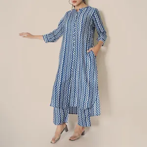 2023 Spring Ethnic Clothing Two Piece Suit Custom Printed Womens Silk Kurta Long Tops Dress with Pants Sets