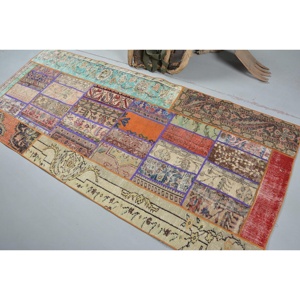 Alfombra turca vintage ecléctica de 3,4x7,8 pies, lana de área grande Beige con patrón de pasillo de retazos abstractos, respaldo de látex para habitaciones - Product Image 4