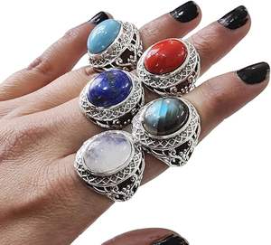 Bague pour homme en gros, pierre de lune naturelle, labradorite, cuivre, tourmaline, turquoise, pierre précieuse, bijoux arabes, bague en argent sterling 925 - Product Image 1