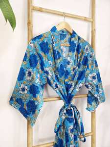 Bata de casa con estampado de bloque indio de algodón puro Kimono de verano Floral Beach Coverup Comfy Maternidad Mamá Azul Turquesa - Product Image 2
