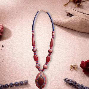 Collier de perles pendantes en mosaïque rouge royale, bijoux de collection culturelle - Product Image 1