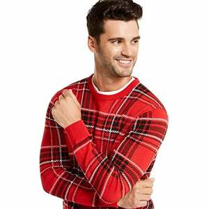 Maglione da Uomo Charter Club a Maniche Lunghe Rosso a Quadri, Lavorato a Mano in Cashmere con Stampa Jacquard, Taglia Media per Autunno Inverno - Product Image 1