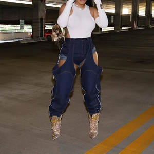 Pantalon en jean délavé taille haute, coupe ample, extensible, à découpes irrégulières et rivets, style tendance - Product Image 3