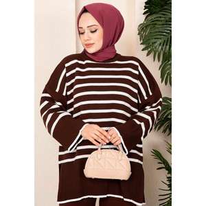 Ensemble de tricots hijab grande taille marron à motif régulier 165 cm Turquie - Product Image 1