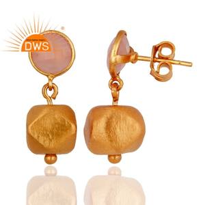 18k Gold Plated Designer <b>Silver</b> <b>Drop</b> <b>Earrings</b> Rose Chalcedony Gemstone <b>Earrings</b> Jewelry Manufacturer Vintage Collection - Product Image 3